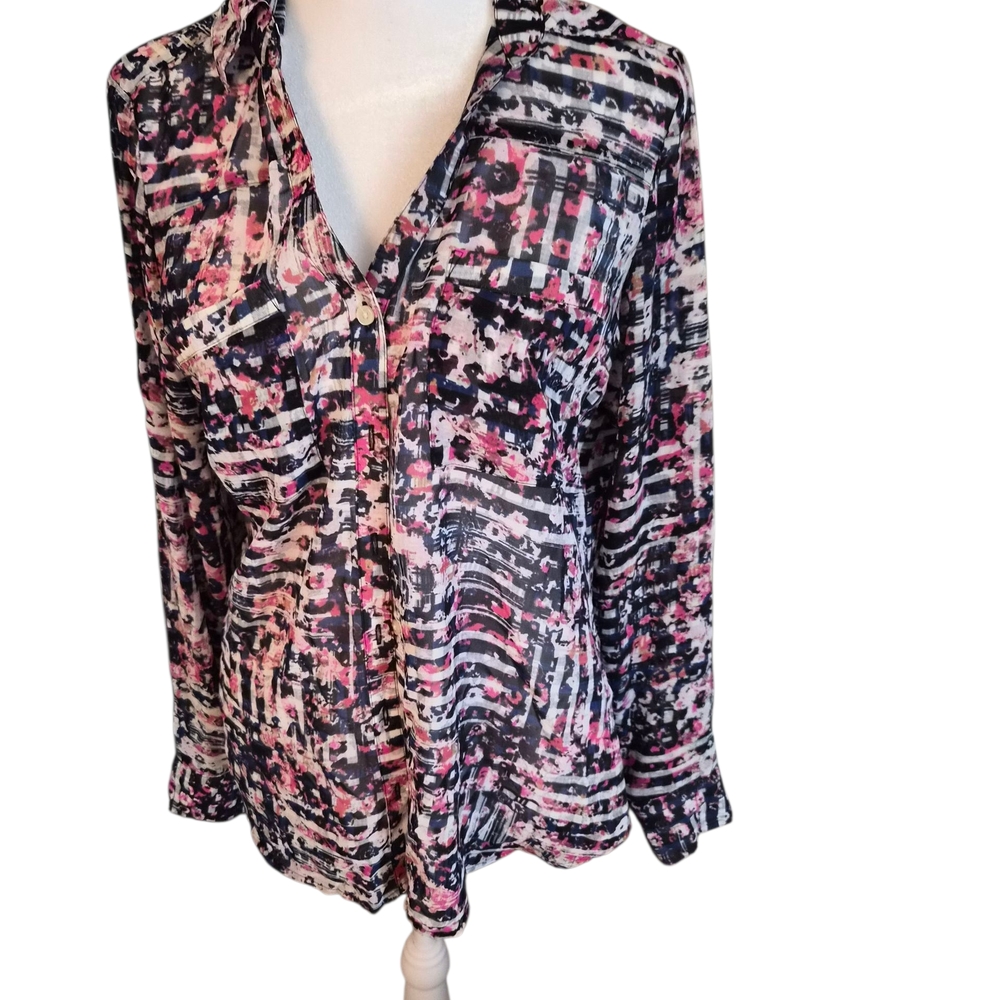 Express Women's Abstract Button Down Shirt - Black, Pink, White